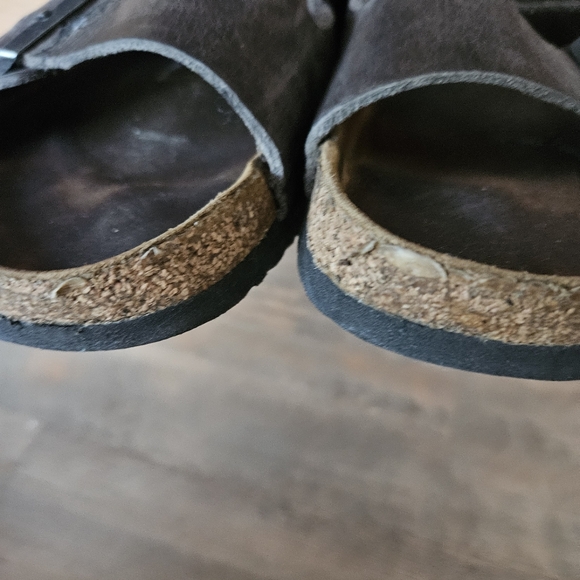 Birkenstock gray brown leather slippers slides sandals - Picture 9 of 16